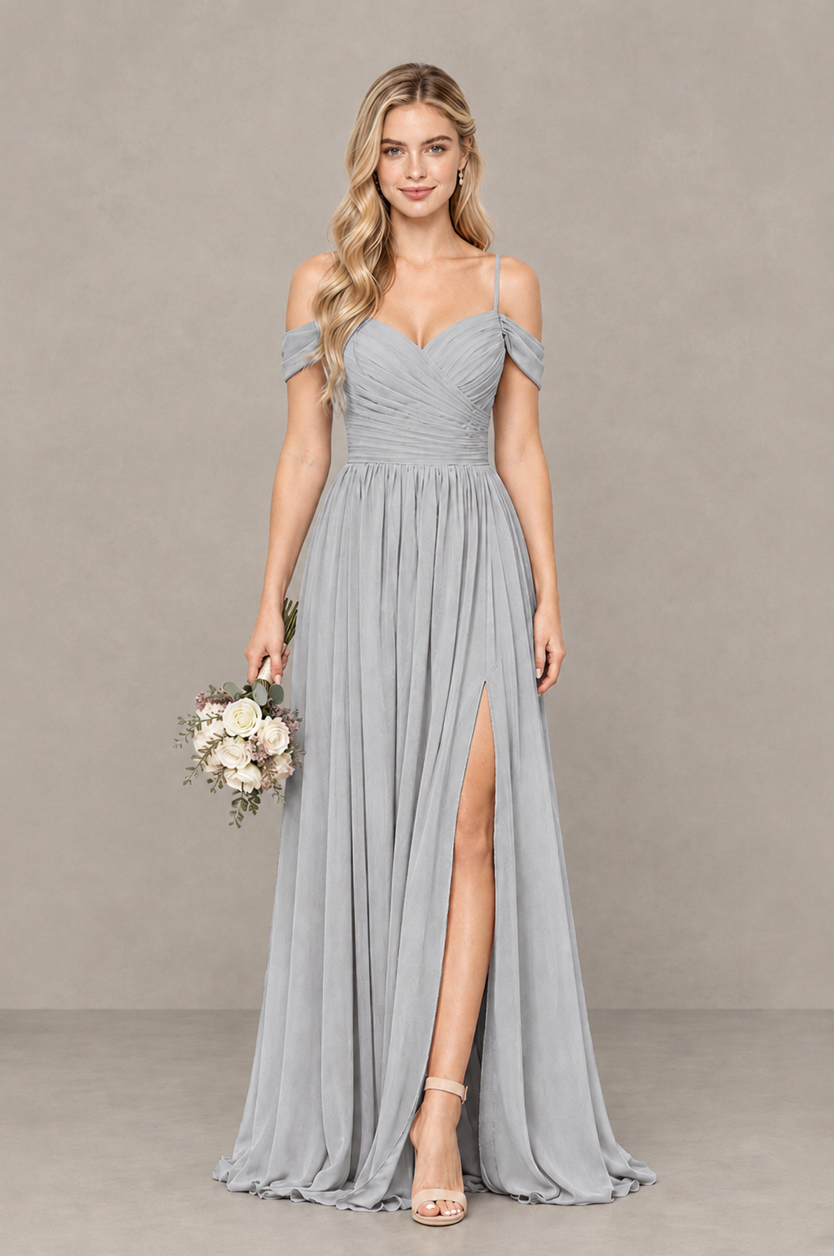 BOLODOO Silver Off-Shoulder Bridesmaid Dress with Slit - Silver