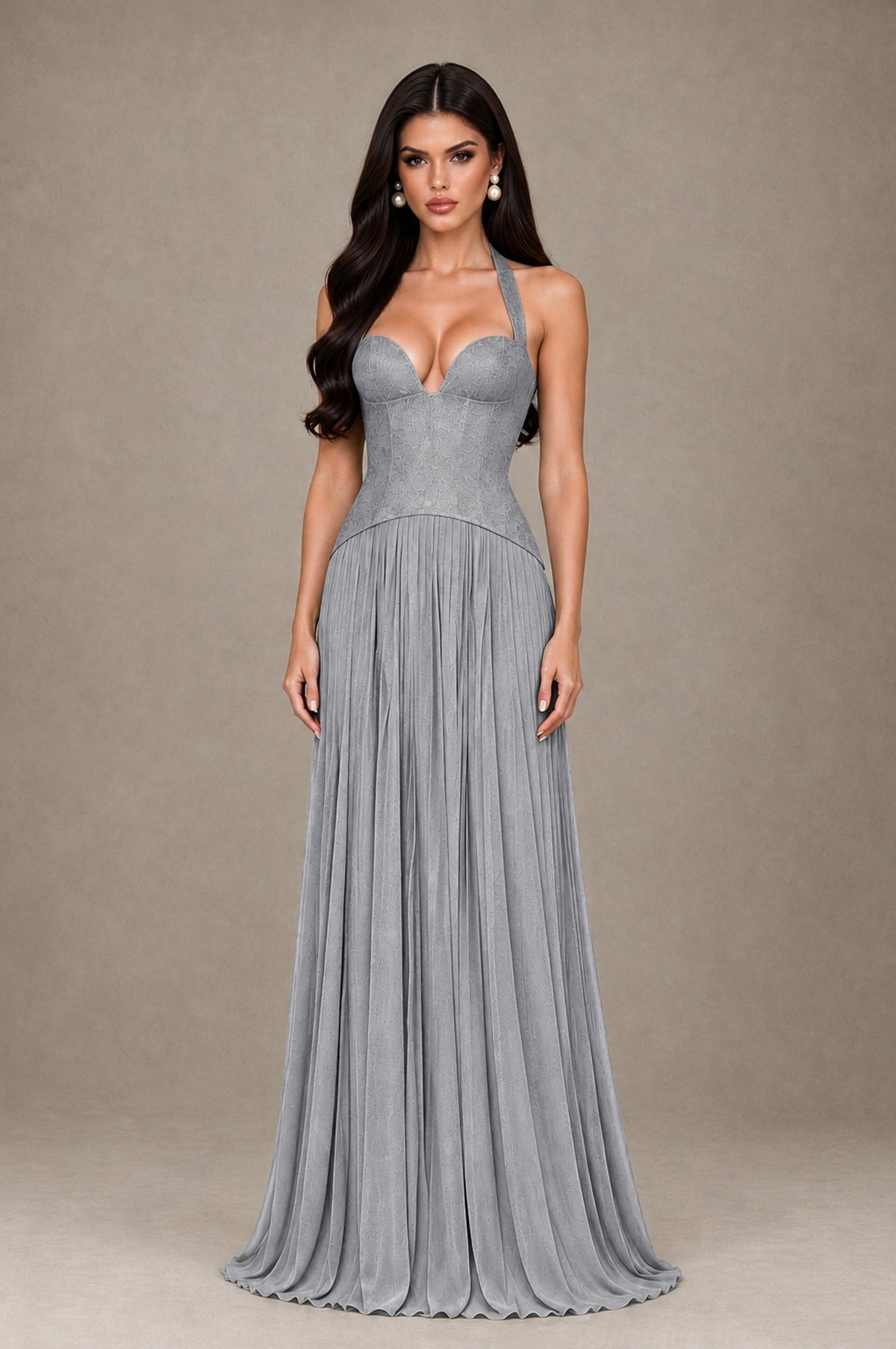 BOLODOO Silver Halter Corset Pleated A-Line Evening Dress - Silver - Silver_1