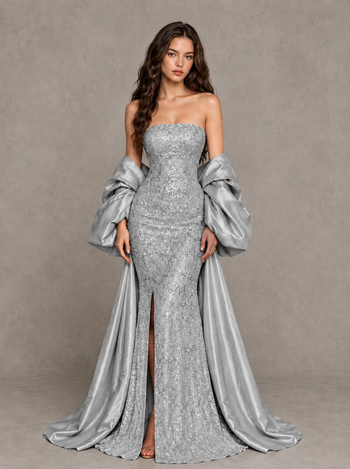BOLODOO Silver Strapless Sparkle Mermaid Prom Dress with Front Slit and Draped Sleeves - Silver - Silver_1