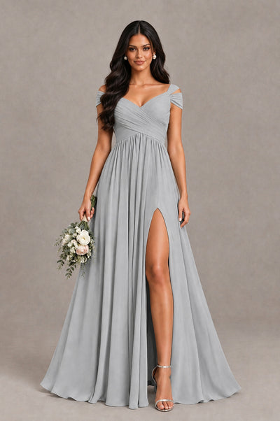 BOLODOO Silver Cold Shoulder Chiffon Evening Dress with V Neck and High Slit - Silver - Silver_1