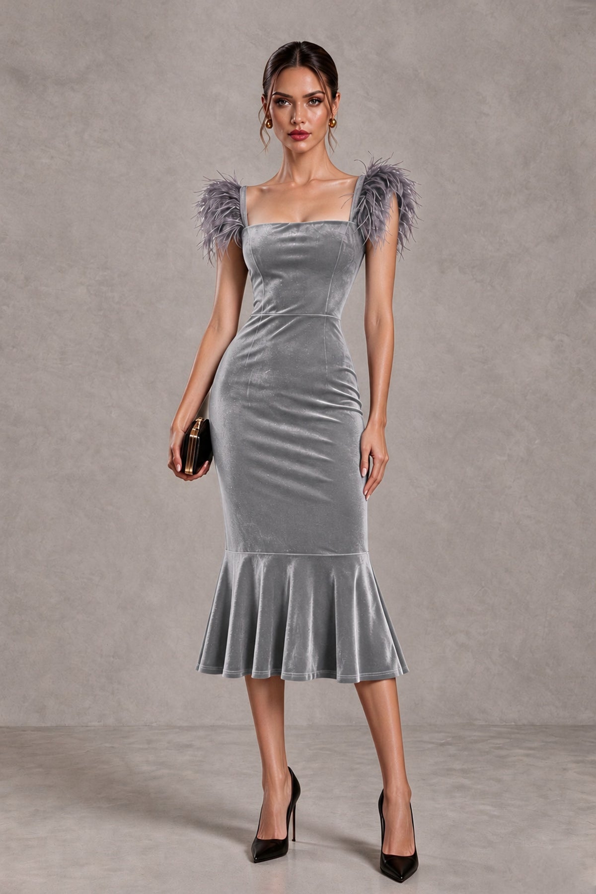 BOLODOO Silver Feather-Trim Velvet-Look Mermaid Midi Dress - Silver - Silver_1