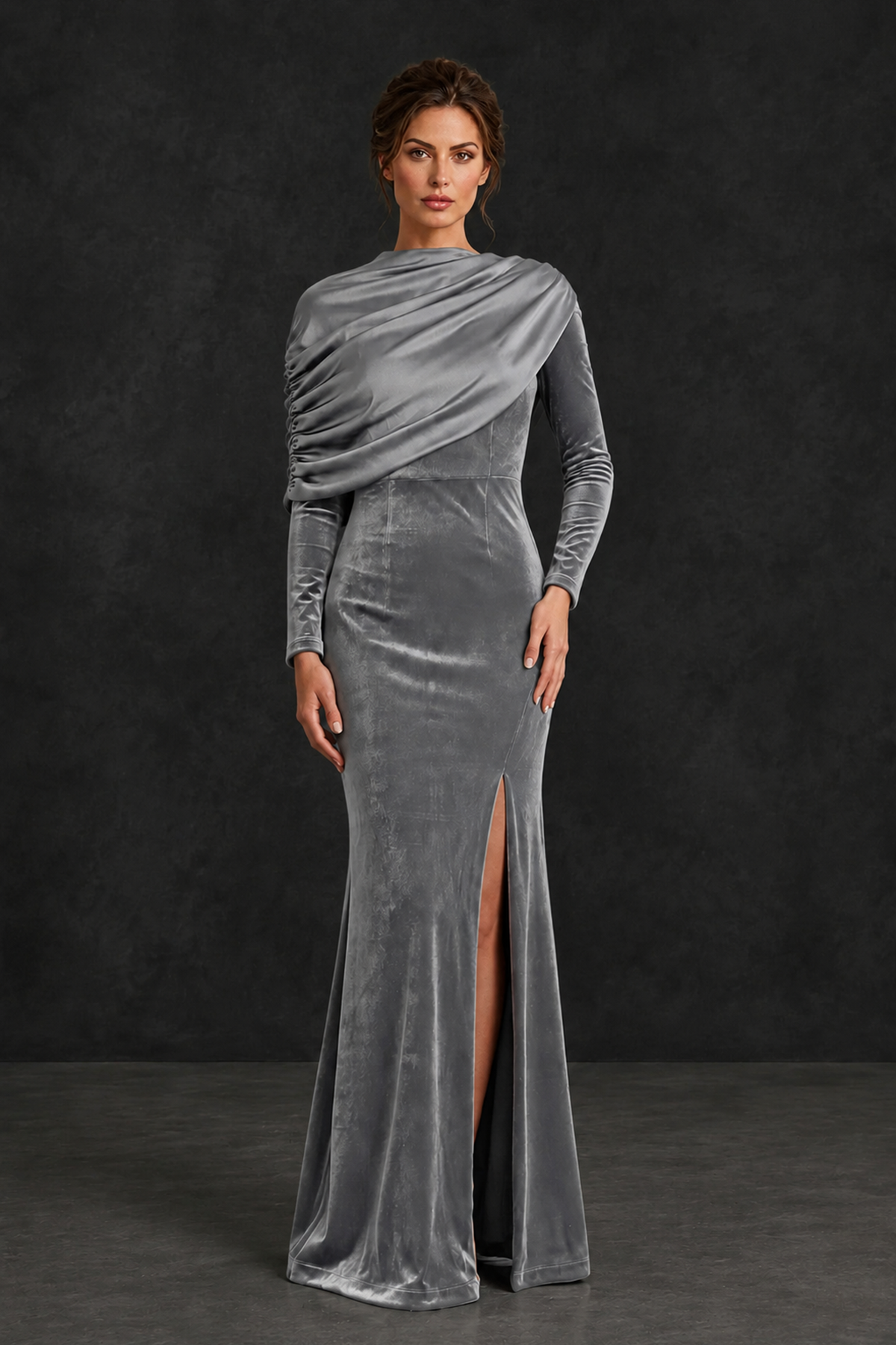 BOLODOO Silver Velvet Long Sleeve Draped Mother of the Bride Dress - Silver - Silver_1