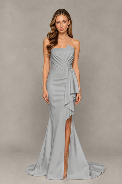 BOLODOO Silver Strapless Mermaid Evening Dress with Ruffle Slit and Train - Silver - Silver_1
