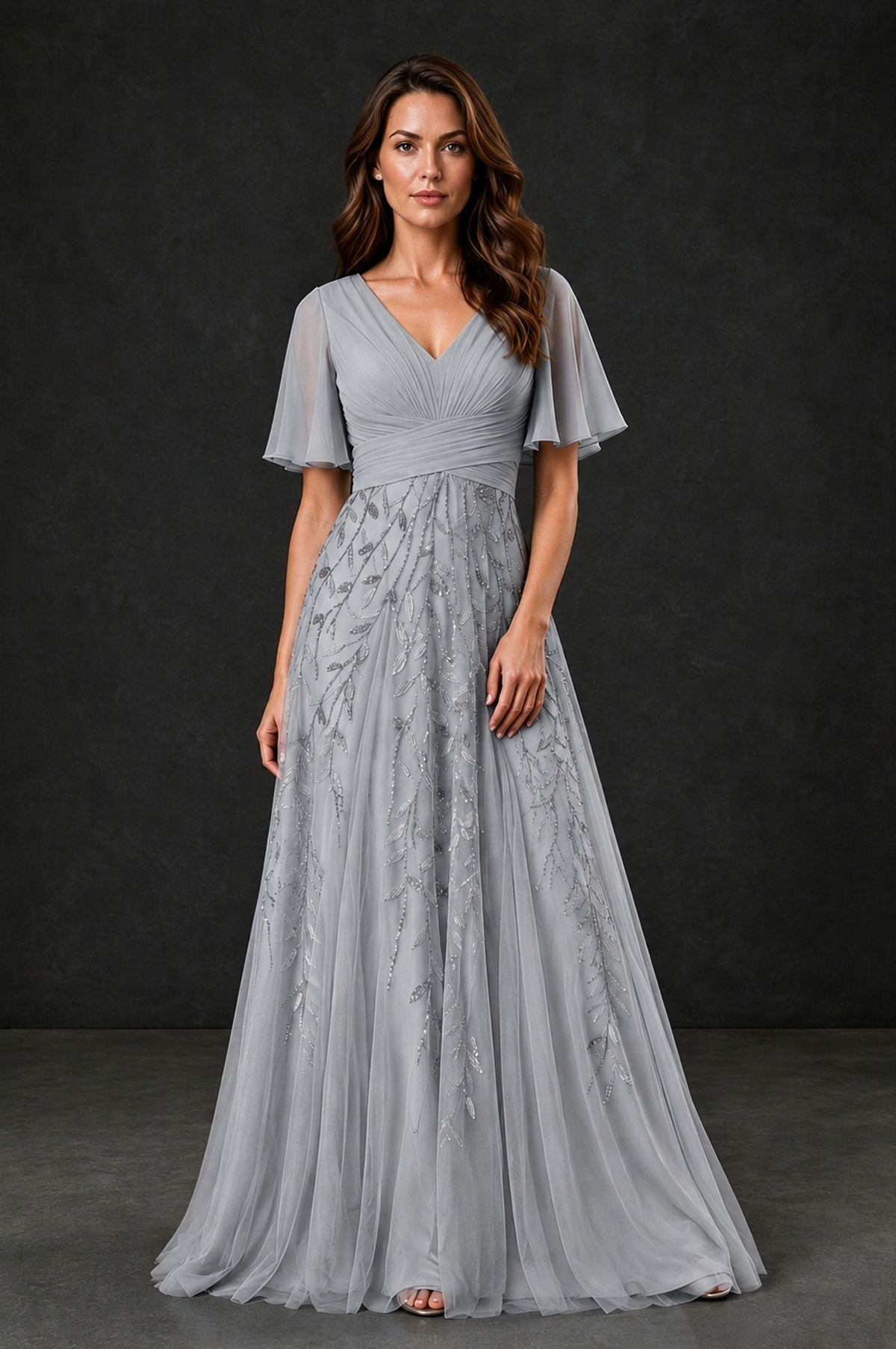 BOLODOO Silver V-Neck Flutter Sleeve Beaded Botanical Tulle A-Line Gown | Mother of the Bride Evening Dress - Silver - Silver_1