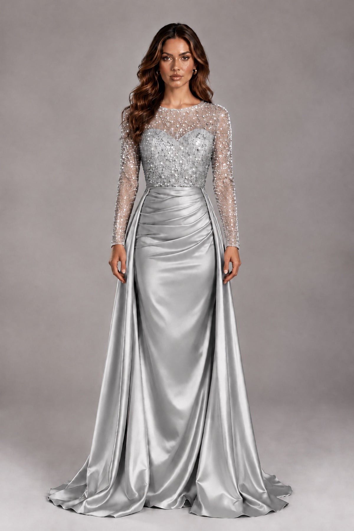 BOLODOO Silver Long Sleeve Embellished Satin Evening Gown with Sweep Train - Silver - Silver_1
