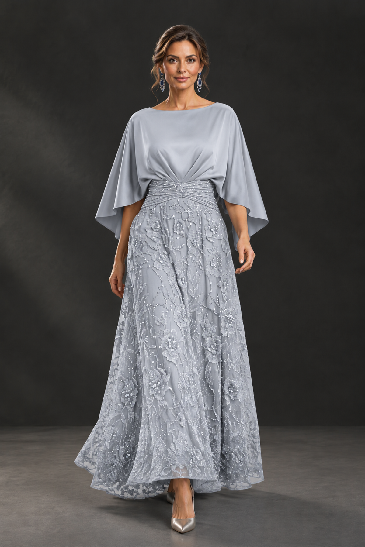 BOLODOO Silver Cape Sleeve Floral Mother of the Bride Dress - Silver - Silver_1