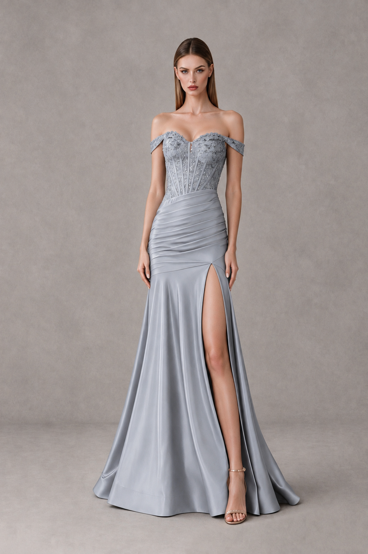 BOLODOO Silver Off-Shoulder Corset Mermaid Prom Dress with Slit Sequin Lace Evening Gown - Silver - Silver_1