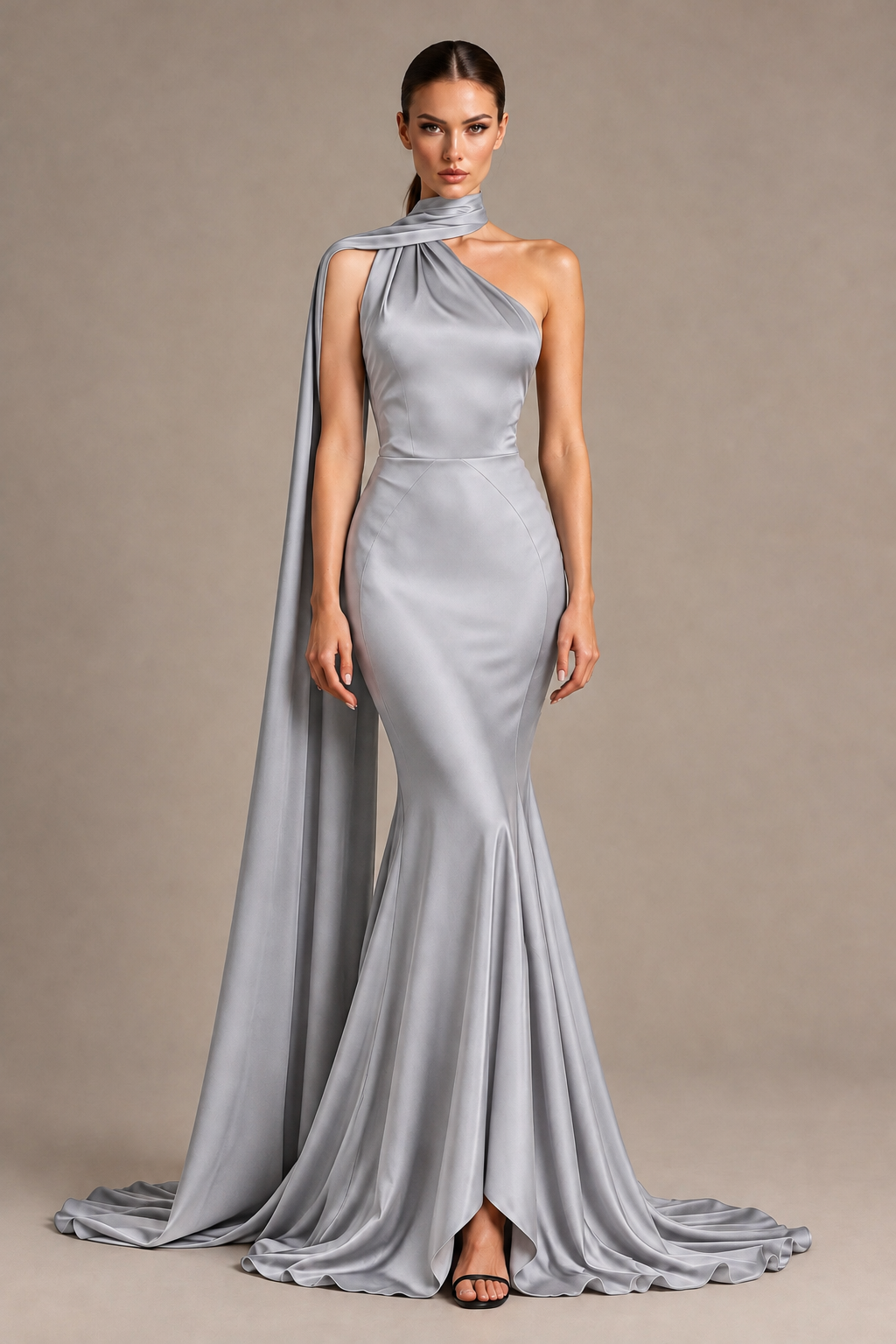 BOLODOO Silver One-Shoulder Satin Mermaid Evening Dress with Scarf - Silver - Silver_1