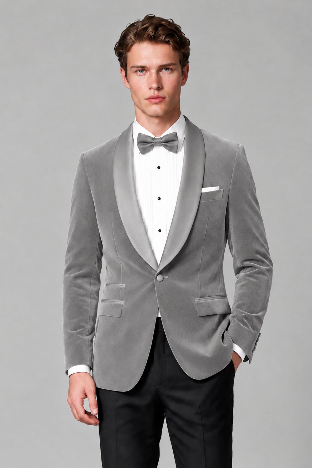 BOLODOO Men's Silver Velvet Blazer | Shawl Lapel Tuxedo Jacket - Silver - Silver_1