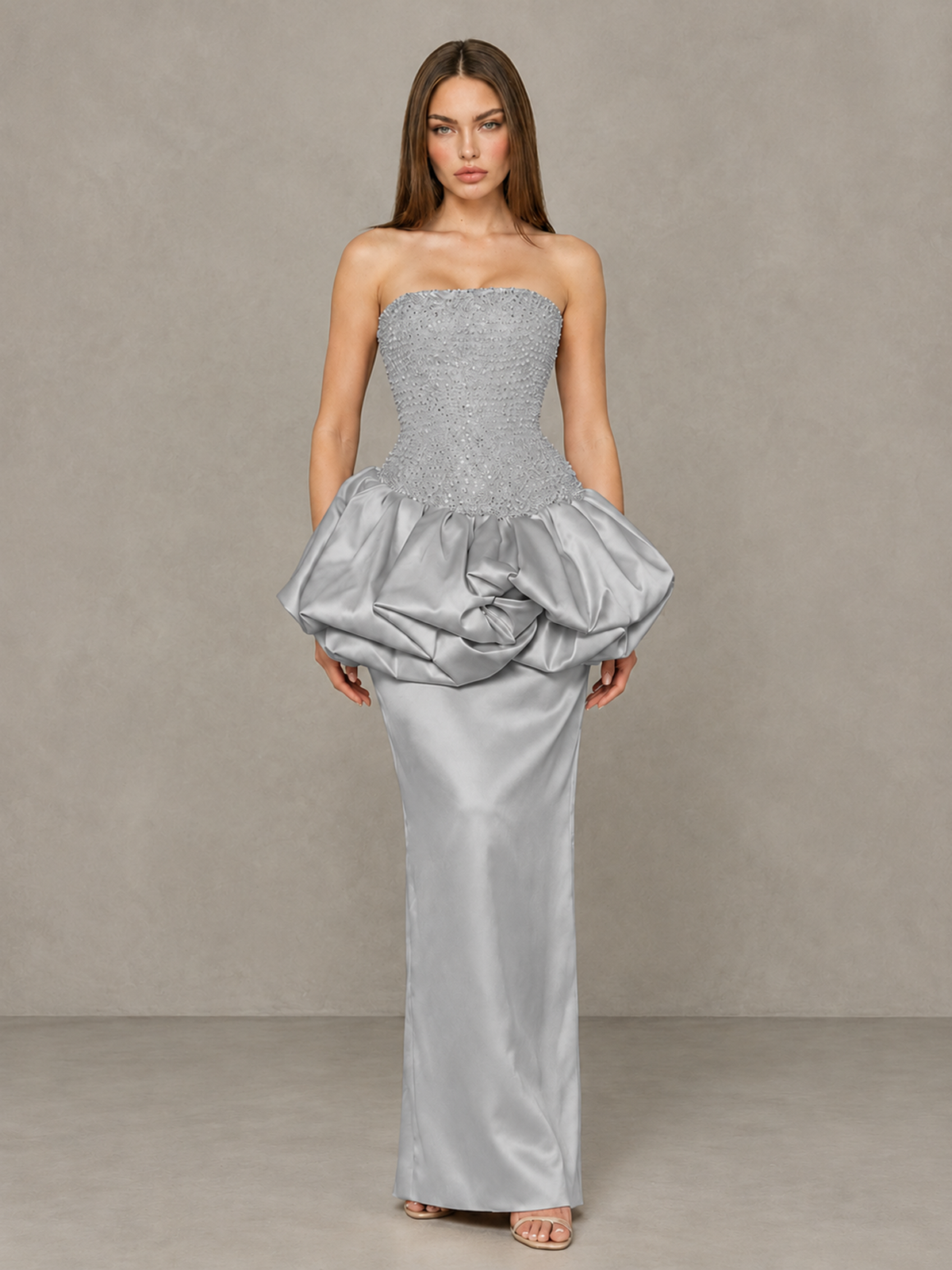 BOLODOO Silver Strapless Embellished Bubble Peplum Evening Dress - Silver - Silver_1