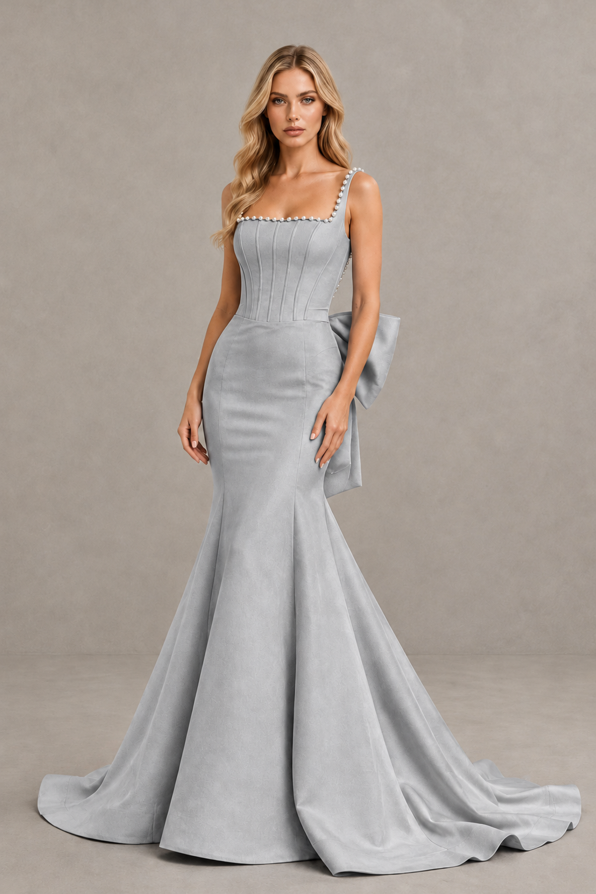 BOLODOO Silver Pearl-Trim Mermaid Prom Dress with Back Bow - Silver - Silver_1