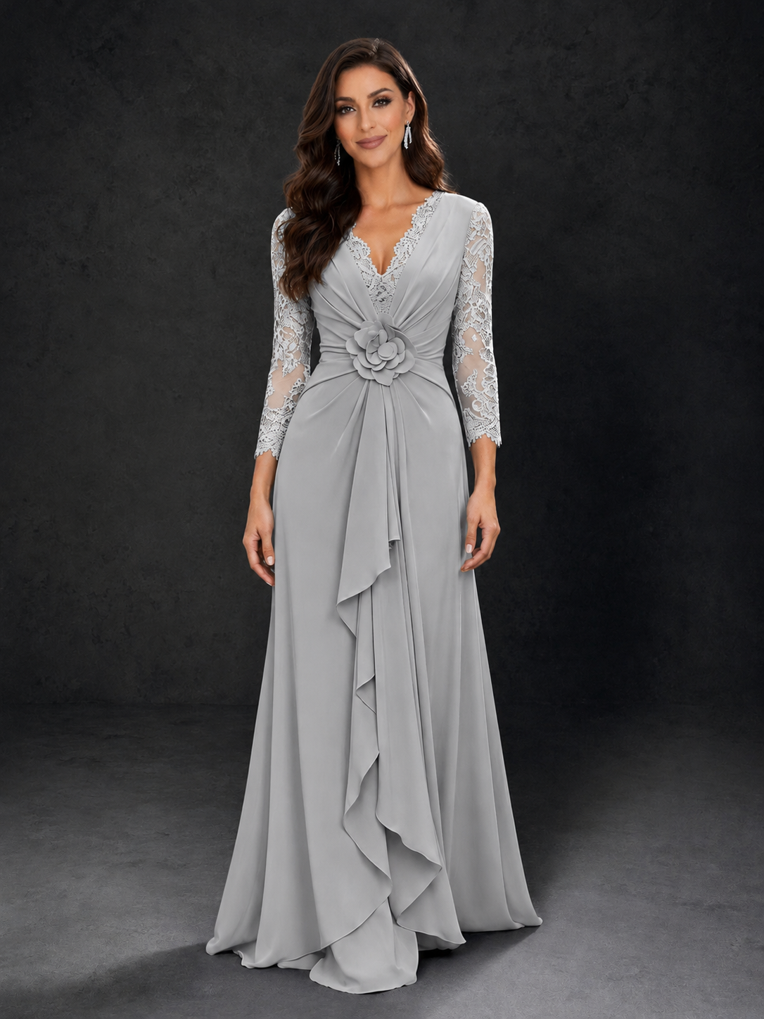 BOLODOO Silver Lace Sleeve V-Neck Floral Waist Chiffon A-Line Maxi Dress - Silver