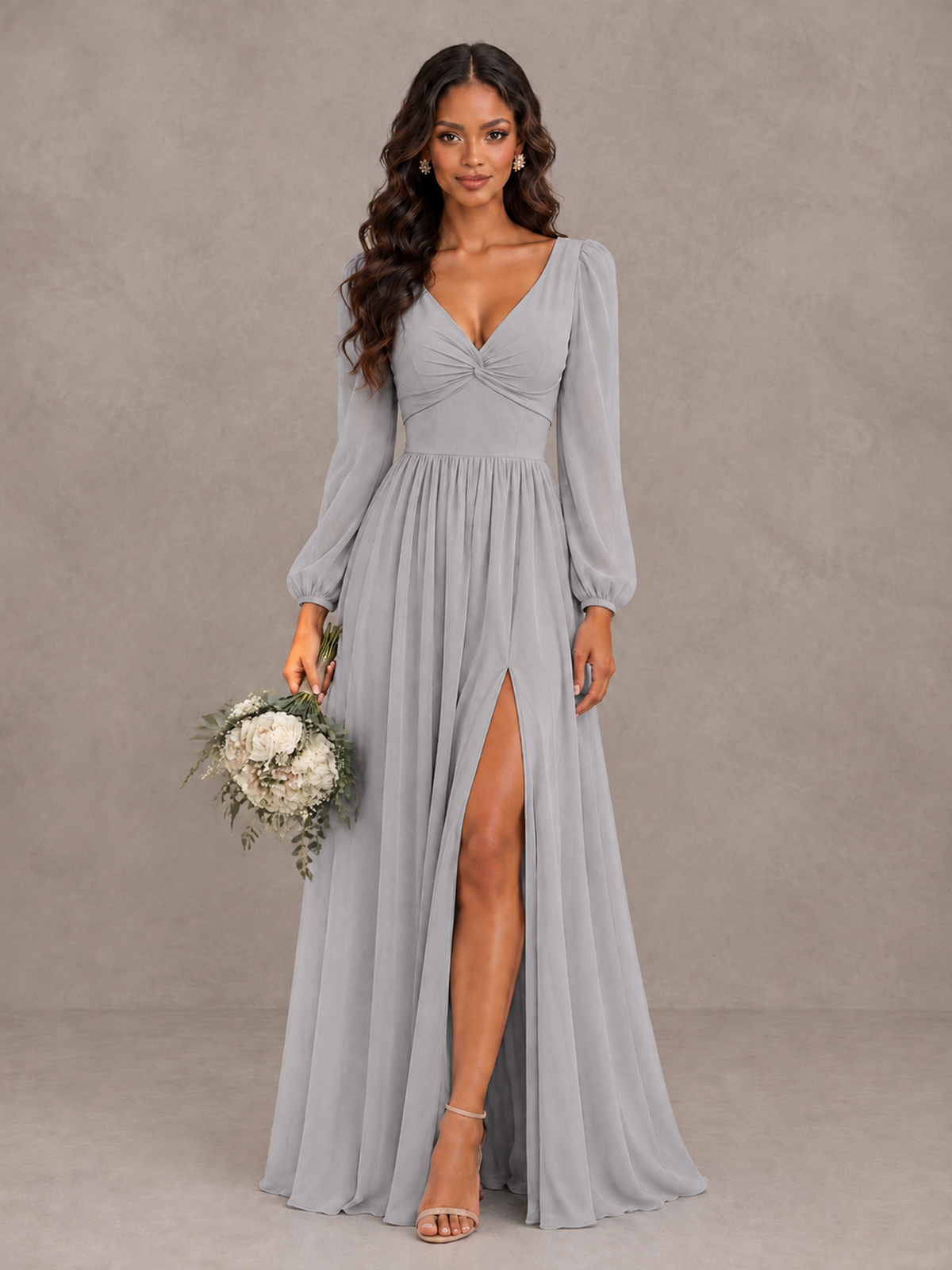 BOLODOO Silver V-Neck Long Sleeve Bridesmaid Dress with Tie Back and Slit - Silver - Silver_1
