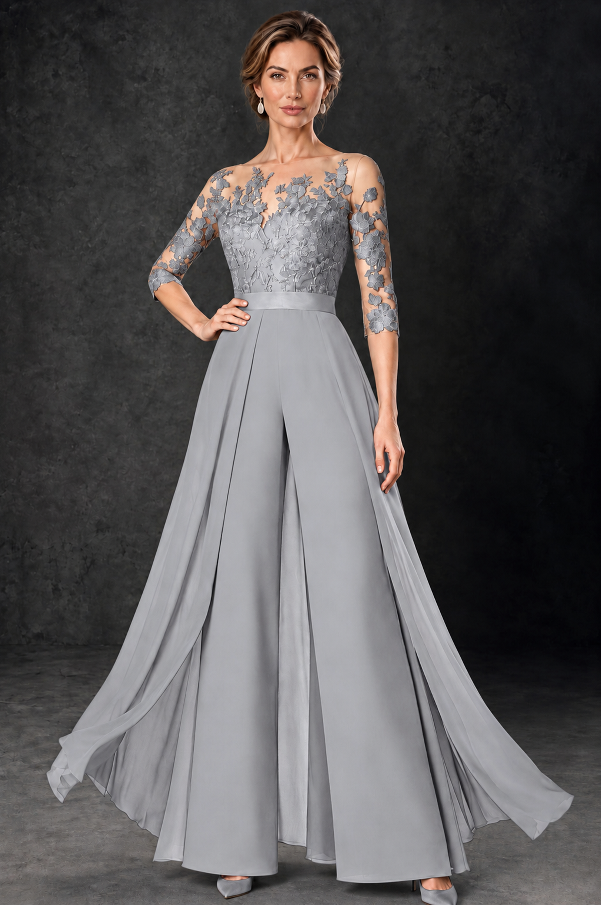 BOLODOO Silver Lace Wide-Leg Jumpsuit with Three-Quarter Sleeves - Silver - Silver_1