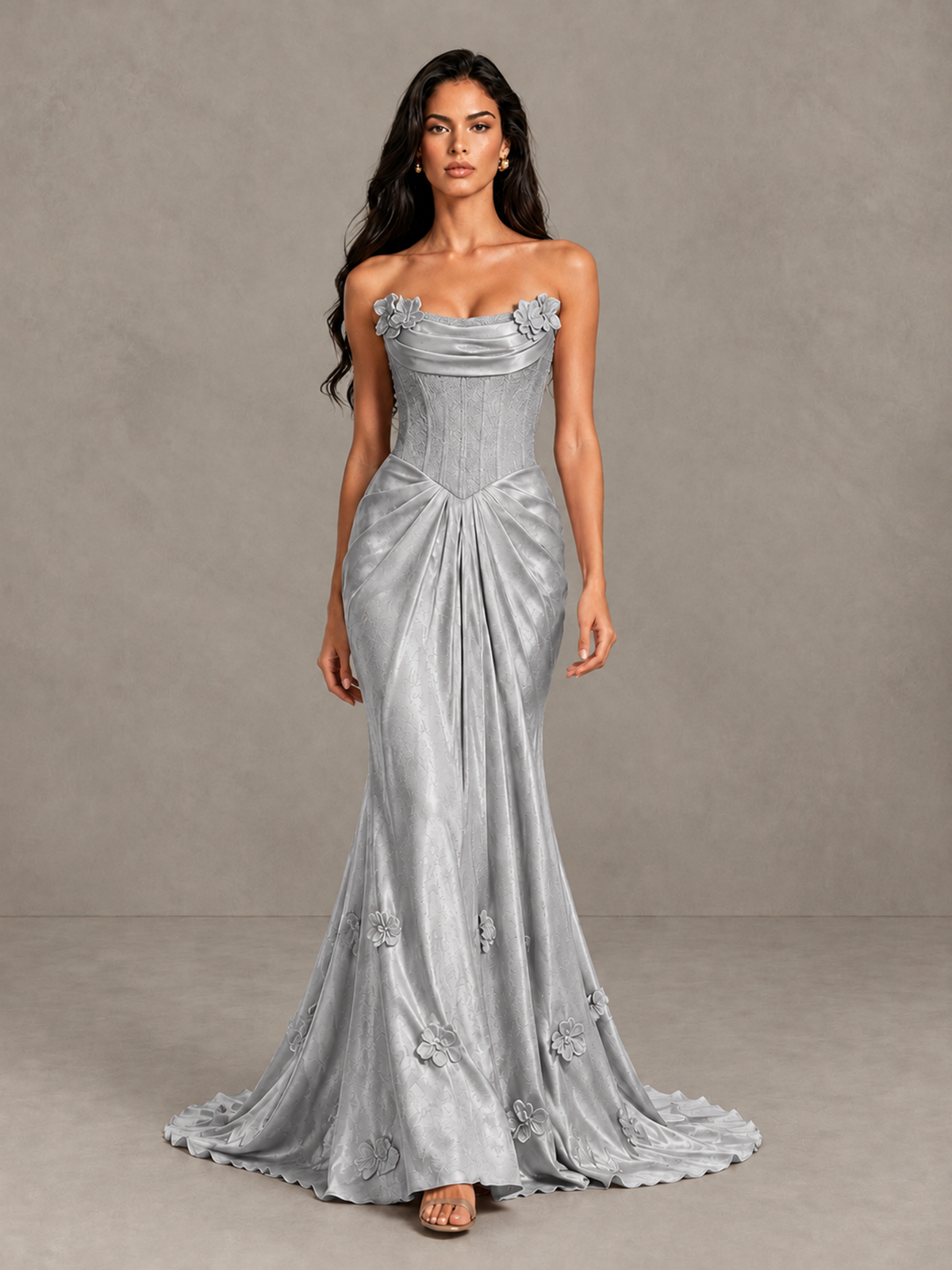 BOLODOO Silver Strapless Floral Corset Evening Gown with Train - Silver - Silver_1