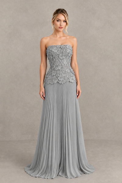 BOLODOO Silver Strapless Floral Applique Pleated Evening Dress - Silver - Silver_1