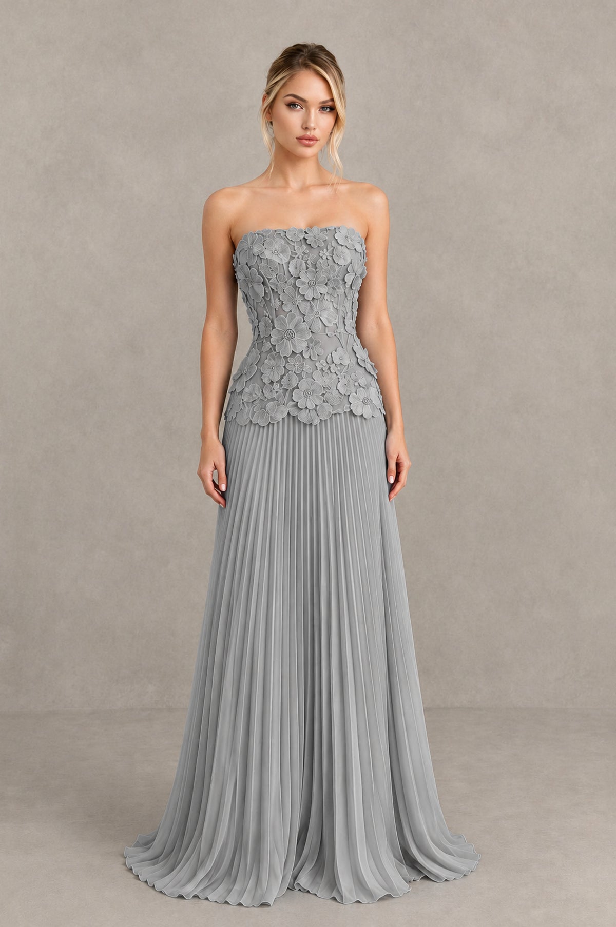 BOLODOO Silver Strapless Floral Applique Pleated Evening Dress - Silver - Silver_1