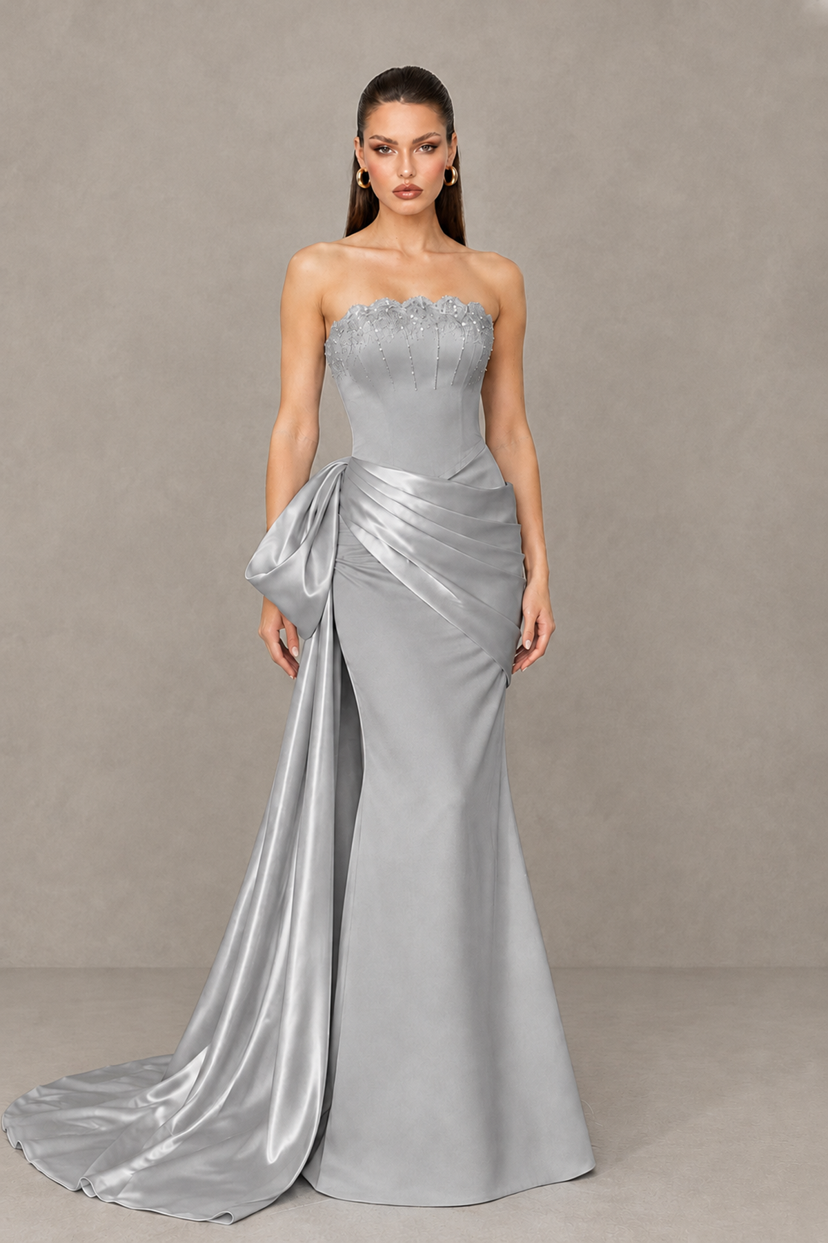 BOLODOO Silver Strapless Satin Prom Dress with Draped Side Train - Silver - Silver_1