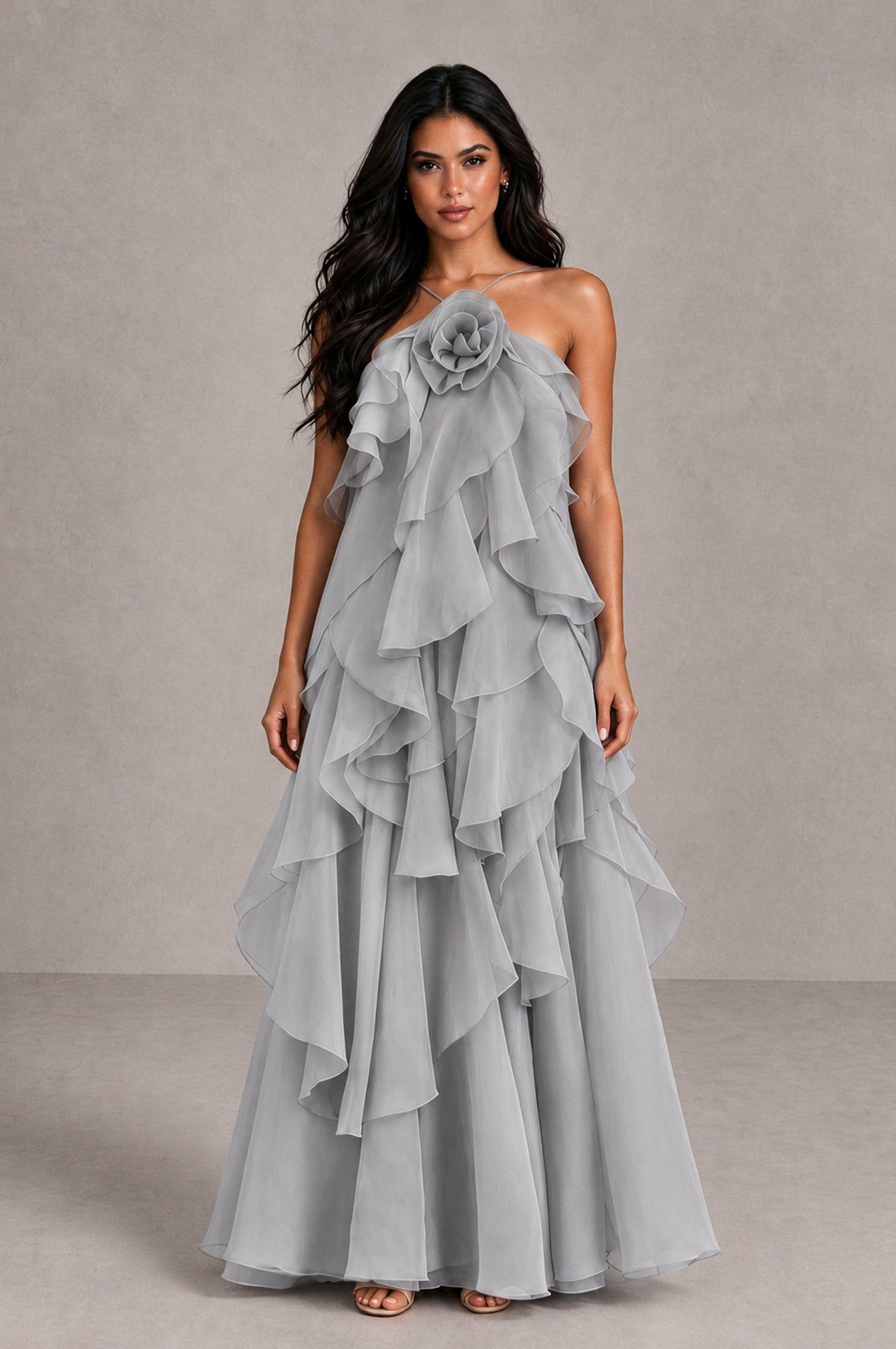 BOLODOO Silver Cascading Ruffle Rosette Open-Back Maxi Dress - Silver - Silver_1