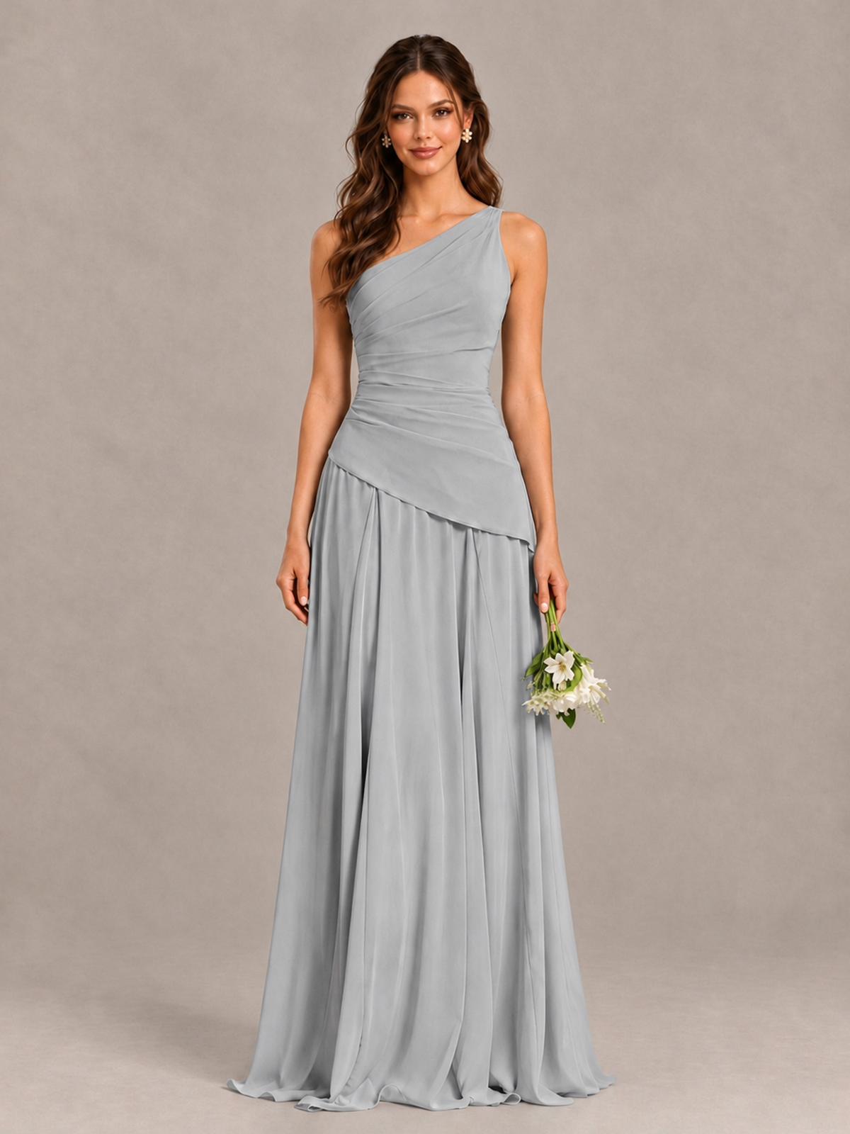 BOLODOO Silver One-Shoulder Lace-Up Back Bridesmaid Dress - Silver - Silver_1
