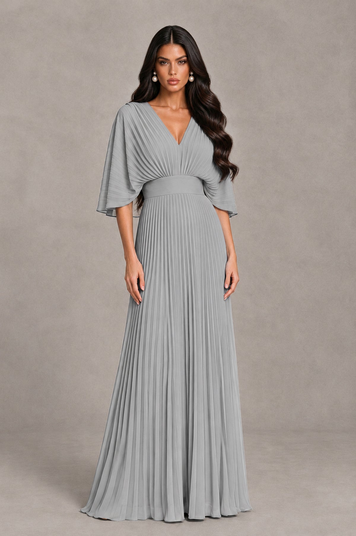 BOLODOO Silver V-Neck Pleated Flutter Sleeve Formal Dress - Silver - Silver_1