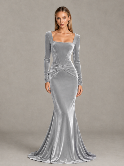 BOLODOO Silver Velvet-Look Square Neck Long Sleeve Mermaid Evening Dress - Silver - Silver_1