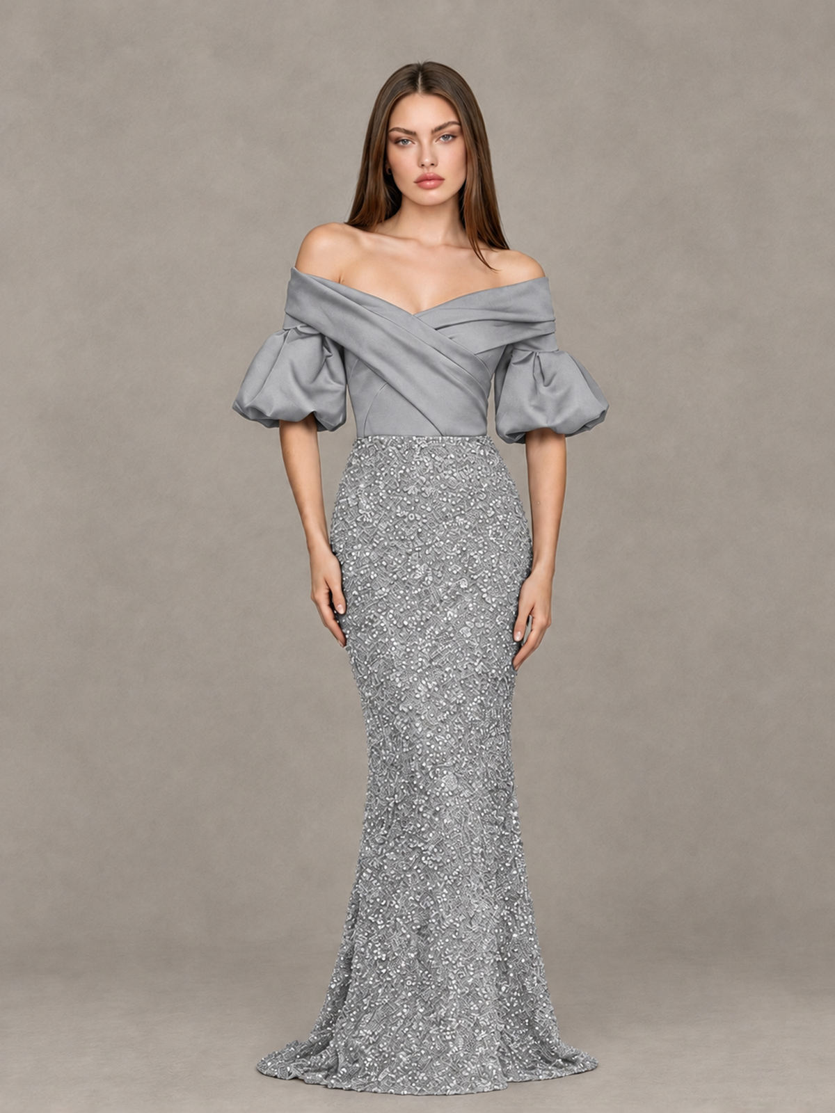 BOLODOO Silver Off-Shoulder Puff Sleeve Sequin Mermaid Evening Dress - Silver - Silver_1