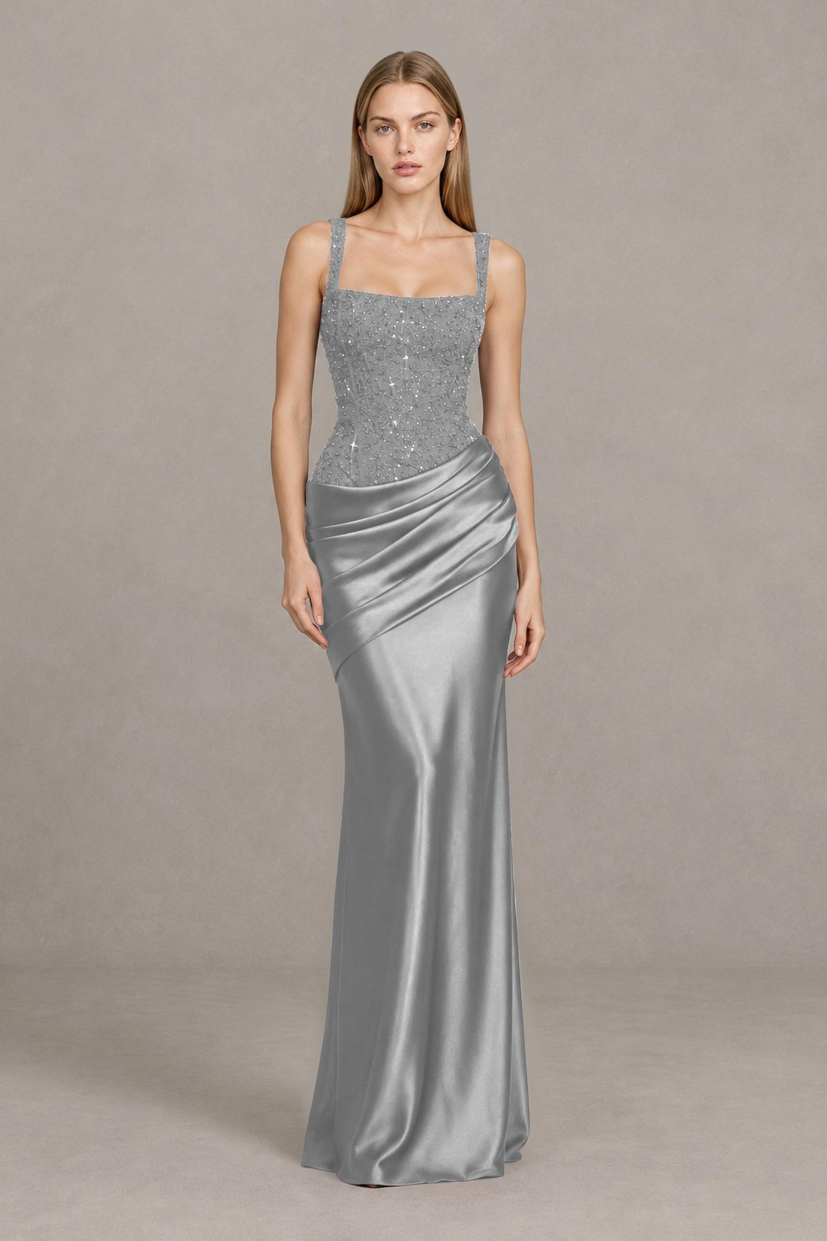 BOLODOO Silver Square Neck Embellished Satin Evening Gown - Silver