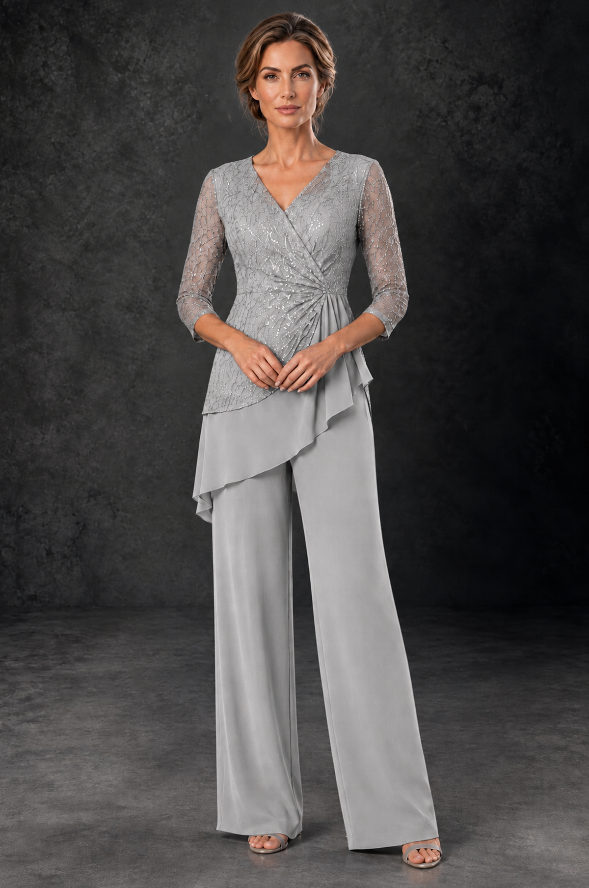 BOLODOO Silver Sequin Lace 3/4 Sleeve Chiffon Mother of the Bride Pant Suit - Silver - Silver_1