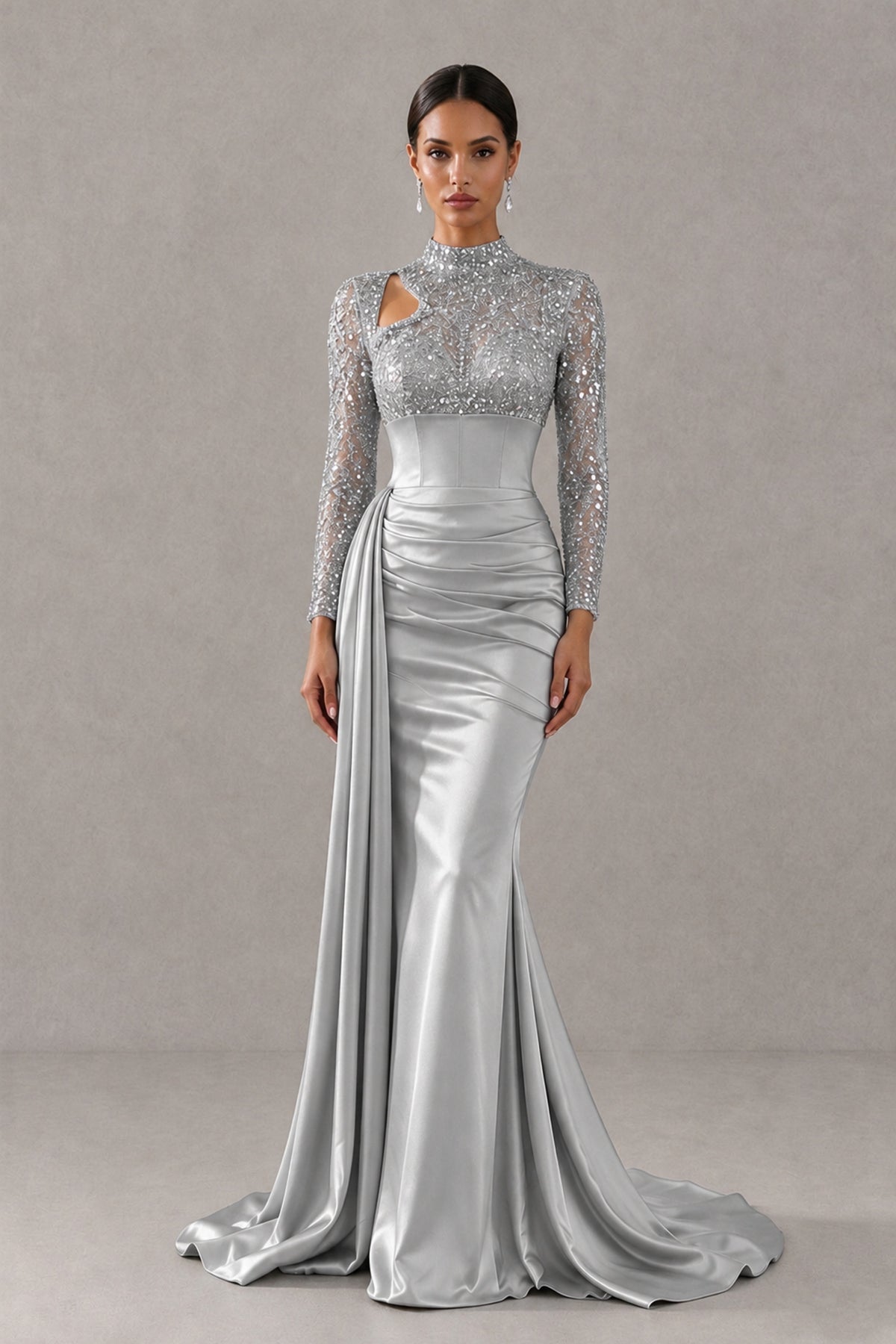 BOLODOO Silver Long Sleeve Embellished Satin Mermaid Evening Gown - Silver - Silver_1