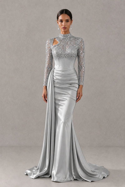 BOLODOO Silver Long Sleeve Embellished Satin Mermaid Evening Gown - Silver - Silver_1