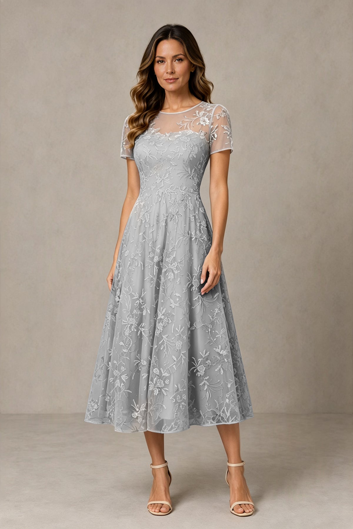 BOLODOO Silver Textured Floral A-Line Dress with Short Sleeves - Silver