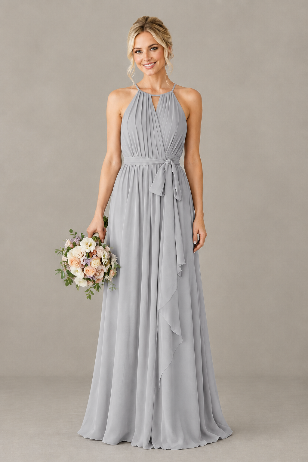 BOLODOO Silver Halter Chiffon Bridesmaid Dress with High Slit - Silver