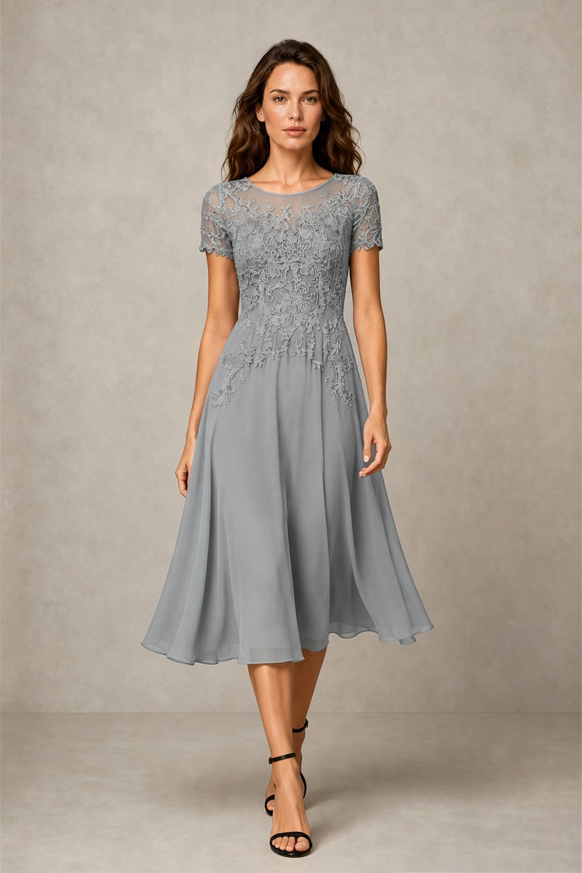 BOLODOO Steel Silver Beaded Lace Illusion Bodice Chiffon Tea-Length Dress | Mother of the Bride & Cocktail Party - Silver