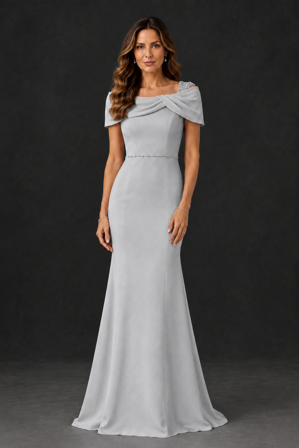 BOLODOO Silver Mother of the Bride Dress with Draped Cape Detail - Silver - Silver_1