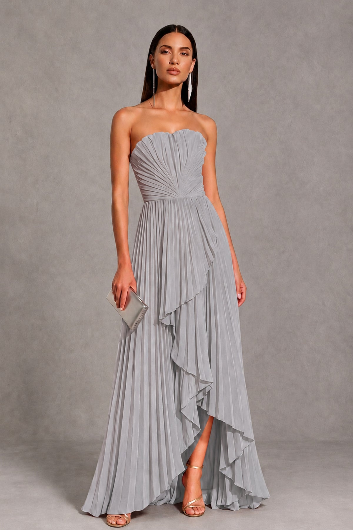 Silver Strapless Pleated High-Low Evening Gown with Ruffle Hem - Silver - Silver_1