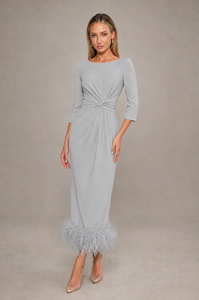 BOLODOO Silver Feather-Trim Twist-Waist Midi Dress - Silver - Silver_1