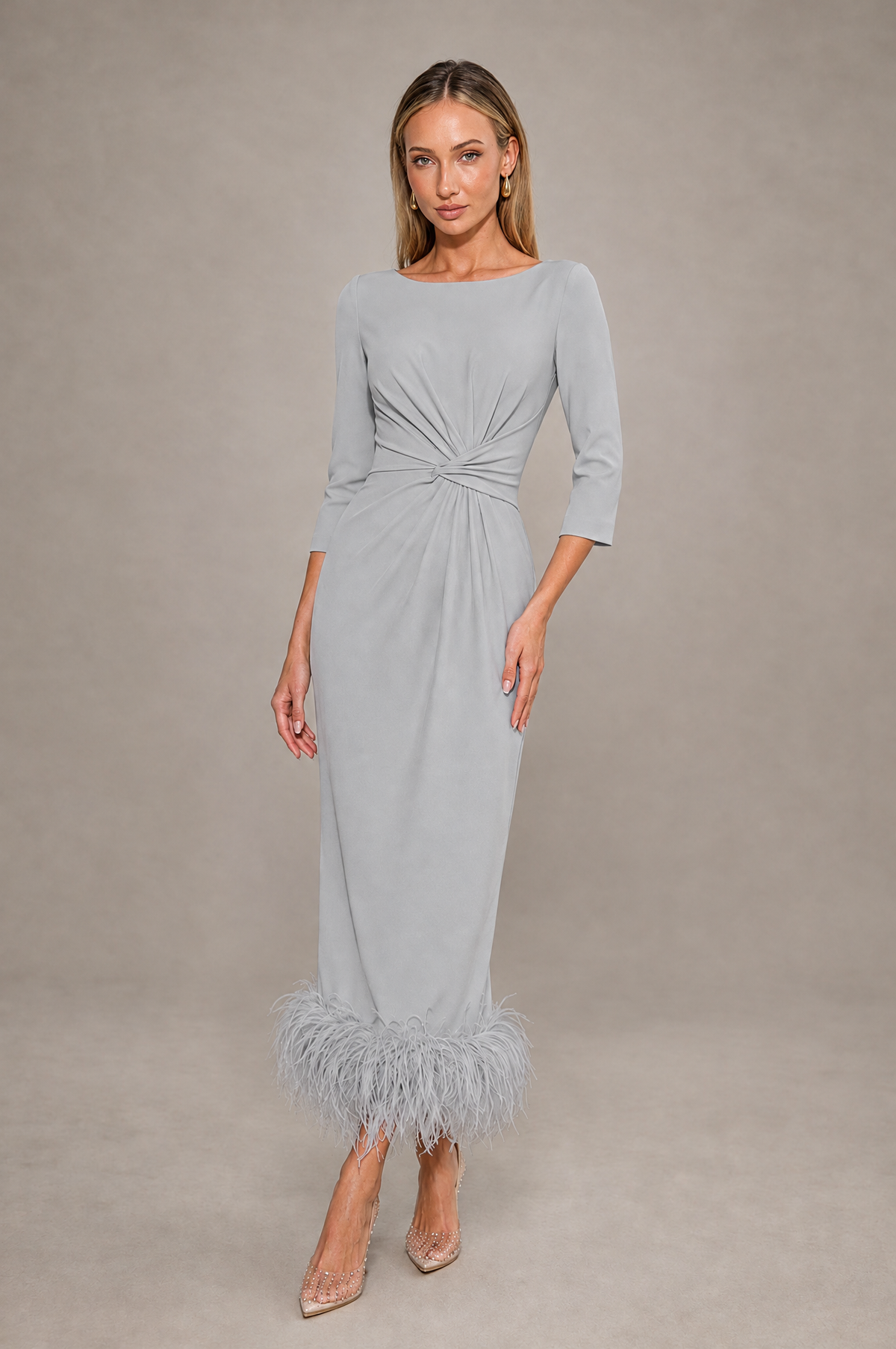 BOLODOO Silver Feather-Trim Twist-Waist Midi Dress - Silver - Silver_1