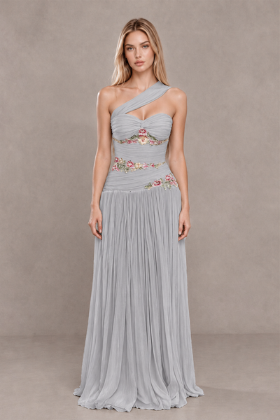 BOLODOO Silver One-Shoulder Floral Applique A-Line Evening Dress - Silver - Silver_1