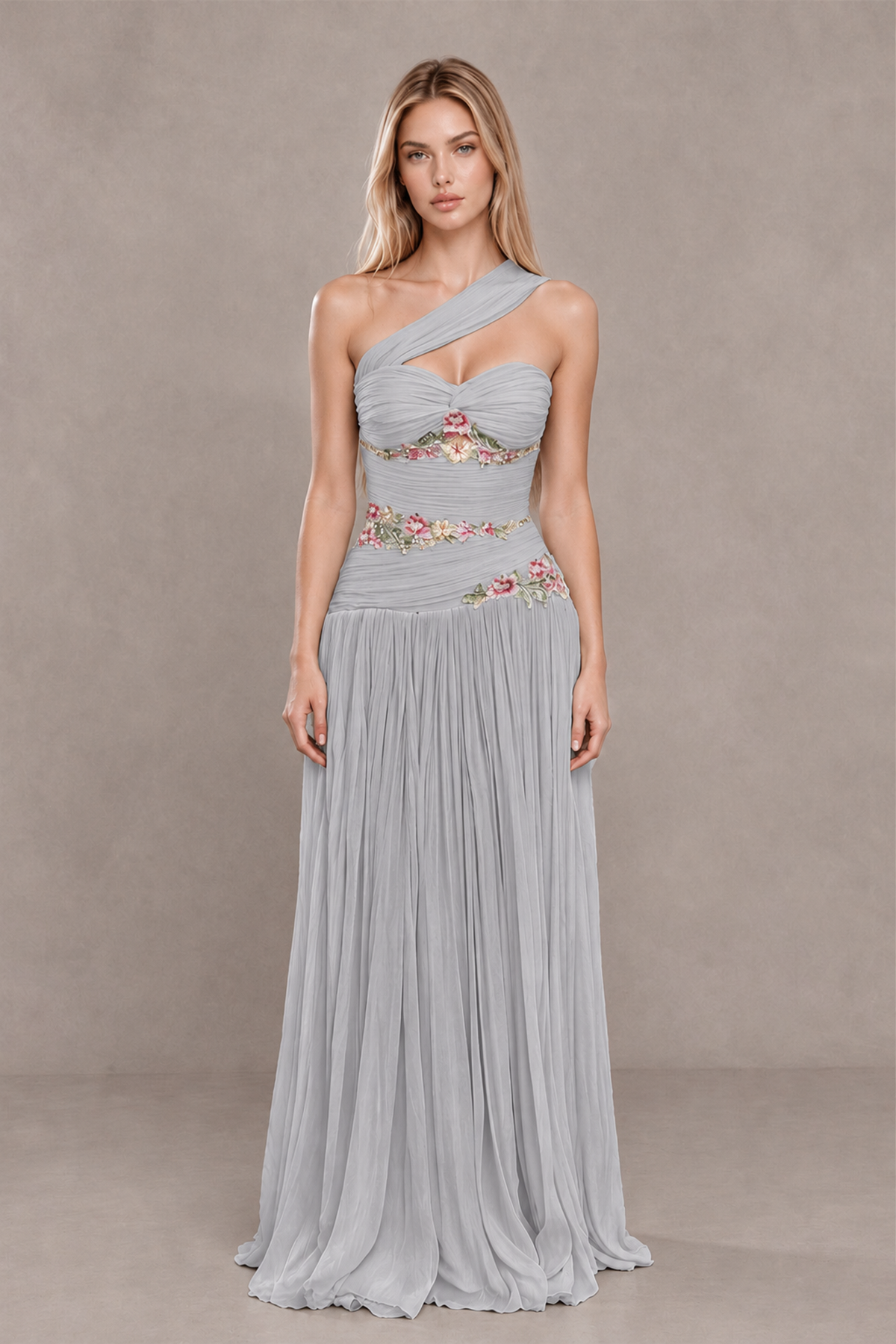 BOLODOO Silver One-Shoulder Floral Applique A-Line Evening Dress - Silver - Silver_1