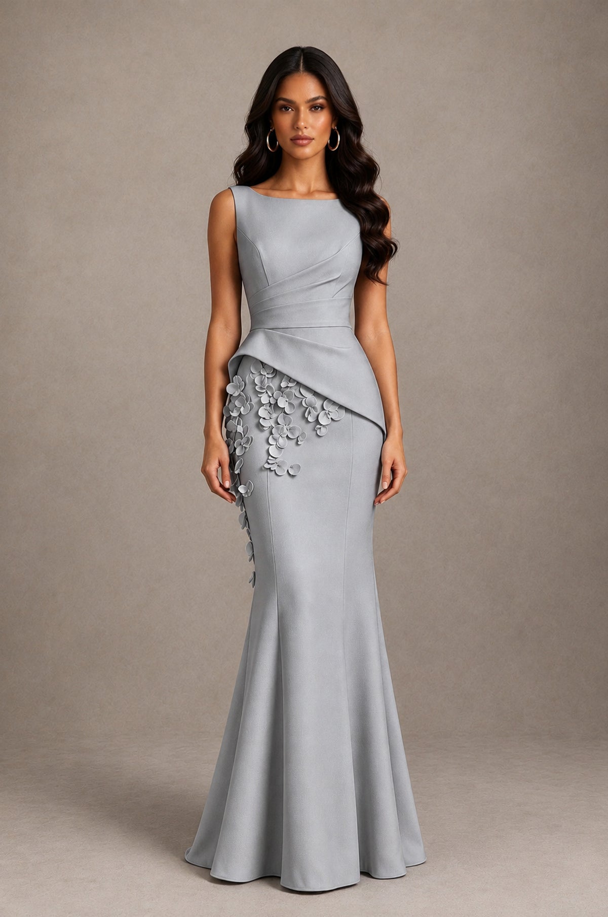 BOLODOO Silver Bateau Neck Sleeveless Asymmetric Peplum 3D Petal Appliqué Mermaid Gown BD0421 - Silver - Silver_1