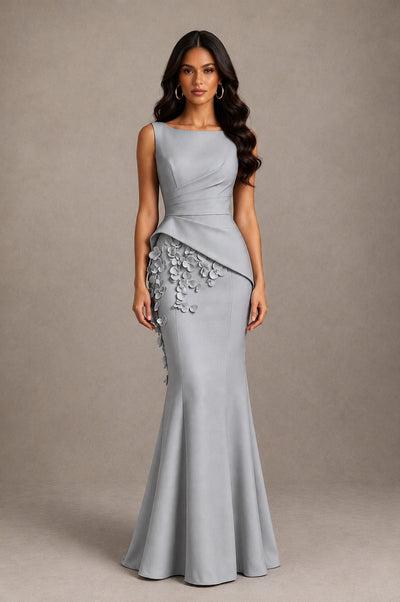 BOLODOO Silver Bateau Neck Sleeveless Asymmetric Peplum 3D Petal Appliqué Mermaid Gown BD0421 - Silver - Silver_1