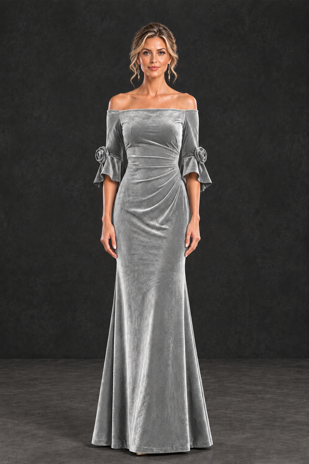 BOLODOO Silver Velvet Off-Shoulder Mother of the Bride Dress – 3/4 Floral Cuff Sleeve Mermaid Evening Gown - Silver - Silver_1
