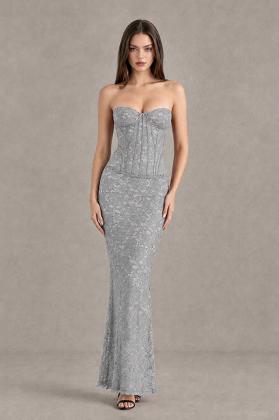BOLODOO Silver Strapless Lace Corset Wedding Guest Dress - Silver - Silver_1