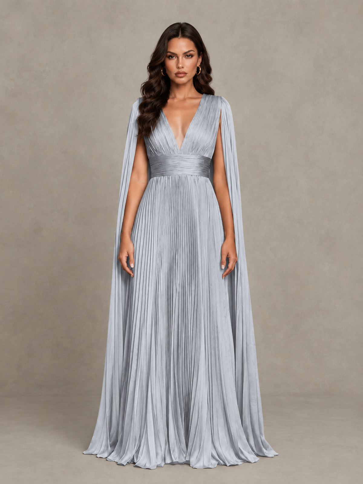 BOLODOO Silver Deep V-Neck Pleated Cape Sleeve Evening Gown - Silver - Silver_1