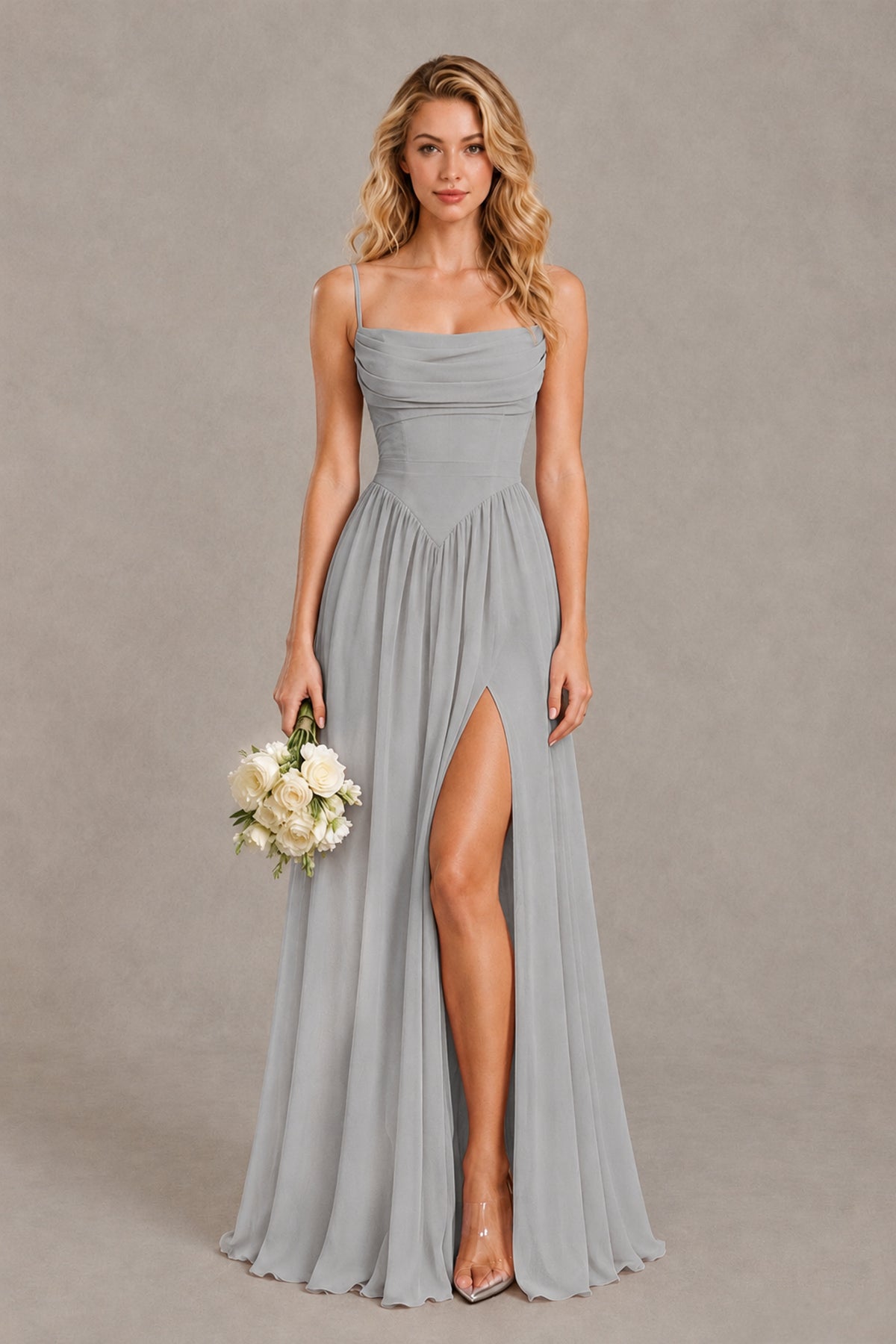 BOLODOO Silver Spaghetti Strap A-Line Bridesmaid Dress with Slit - Silver - Silver_1