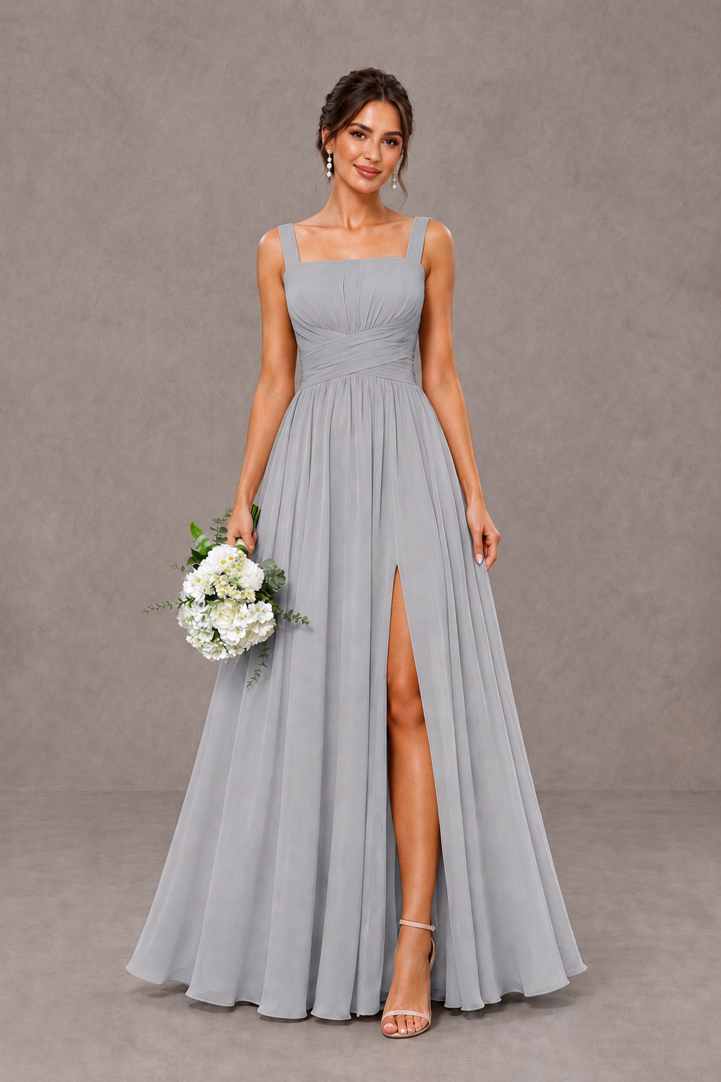 BOLODOO Silver Square Neck A-Line Bridesmaid Dress with Slit - Silver - Silver_1