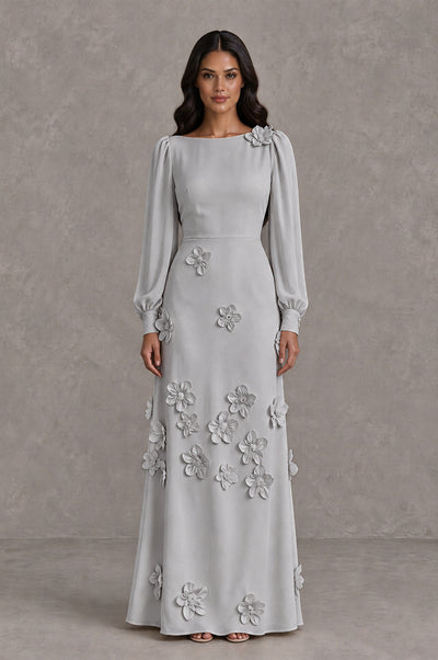 BOLODOO Silver Long Sleeve Floral Applique A-Line Evening Dress - Silver - Silver_1