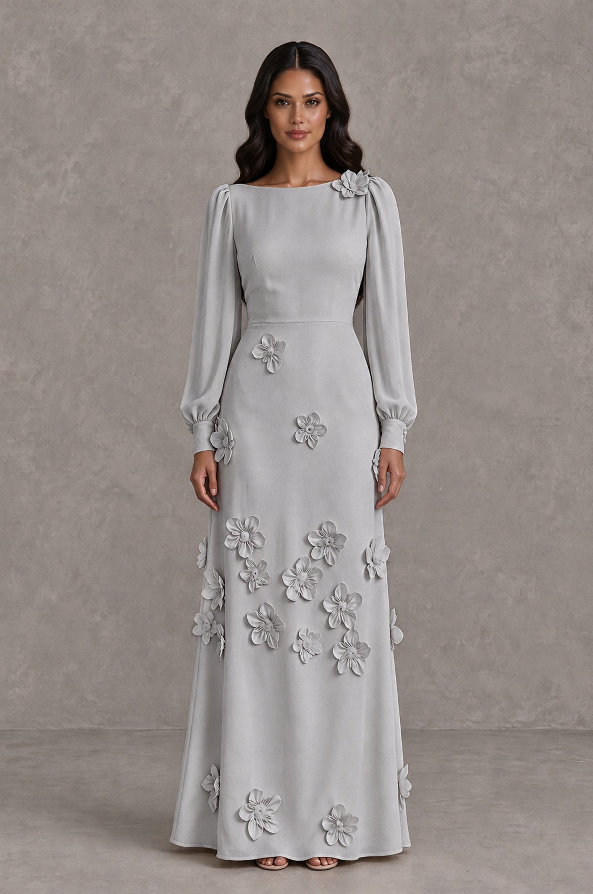 BOLODOO Silver Long Sleeve Floral Applique A-Line Evening Dress - Silver - Silver_1