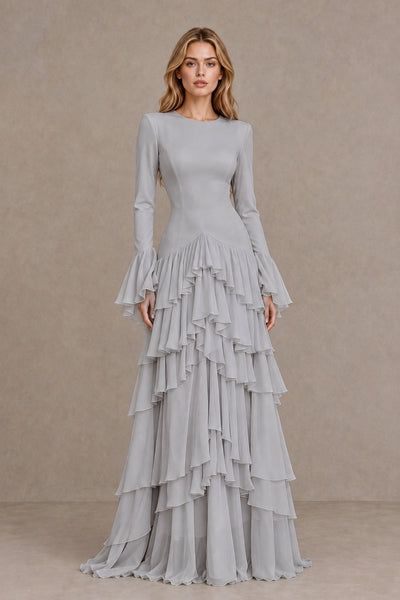 Silver Long Sleeve Tiered Ruffle Evening Gown - Silver - Silver_1